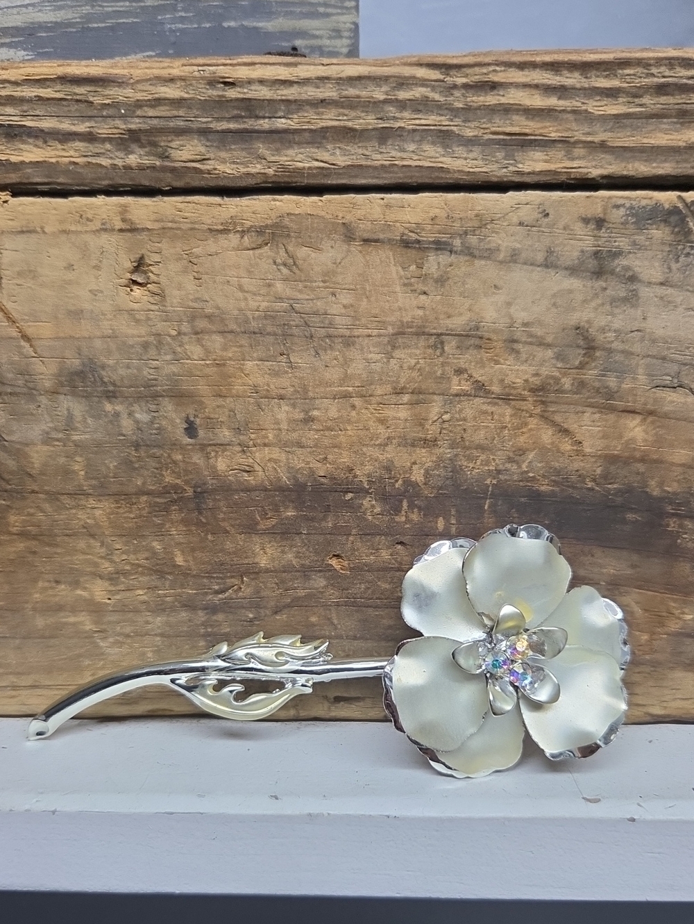 Large Vintage Silver Tone Flower Brooch - AB Stone Center